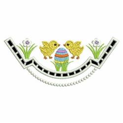 Cheerful applique features two yellow chicks and a striped Easter egg nestled in green grass and purple flowers.