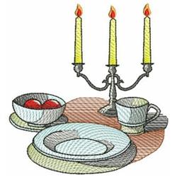 Whimsical dining table setting with a silver candelabra, three lit candles, and a bowl of red apples.