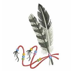Realistic feathers in black and grey with vibrant red strings and colorful beads below, showcasing detailed embroidery.