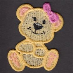 FSL bear with a big pink bow and happy expression, featuring light brown fur against a vibrant backdrop.