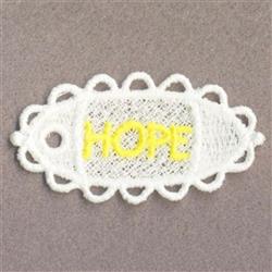 FSL embroidered patch featuring 'HOPE' in bright yellow, surrounded by a delicate white lace border.