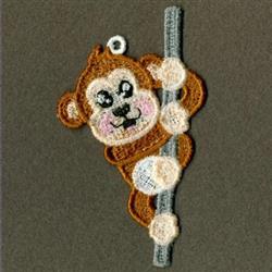 FSL monkey with brown fur and pink cheeks playfully climbs a gray pole, vibrant against a dark background.