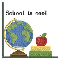 Applique globe with green continents and blue oceans, bright red apple on stacked books for back to school.