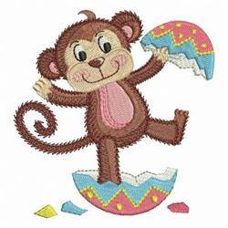 Playful monkey with brown fur and pastel accents stands on a broken egg shell, surrounded by colorful fragments. Perfect for