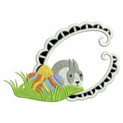 Colorful rabbit peeks from behind vibrant Easter eggs in lush grass, framed with a playful curly border for Easter.