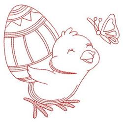 Redwork chick with a joyful smile, flying alongside a butterfly near a colorful Easter egg, playful style.