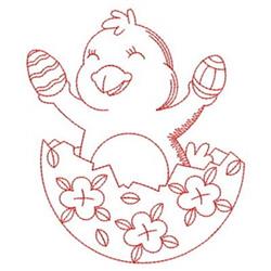 Redwork chick emerging from an eggshell, cheerfully holding decorated Easter eggs with floral accents.