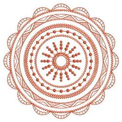 Redwork circular embroidery design featuring detailed concentric patterns in red thread with intricate textured lines.