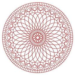 Redwork circular geometric design with intricate loops in red thread, featuring a floral center and symmetrical pattern.