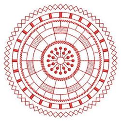 Redwork circular embroidery design with detailed red thread patterns, geometric shapes, and a symmetrical layout.
