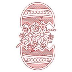 Redwork Easter egg design split to reveal a bouquet of flowers with intricate lines and red tones, ideal for festive decor.