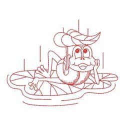 Redwork frog with a cheerful expression resting on a circular pool float amid water ripples, playfully whimsical.