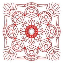 Redwork geometric design featuring intricate circular patterns and swirling loops with elegant red stitching.