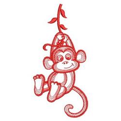 Redwork monkey hanging from a leafy branch, cheerful expression and vibrant red outline, playful design.