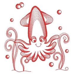 Redwork octopus with a smiling face and curvy tentacles, surrounded by colorful swirls and bubbles.