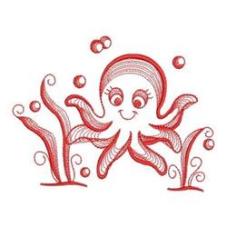 Redwork octopus with large expressive eyes, playful bubbles, and curly seaweed on a bright background.