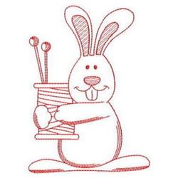 Redwork rabbit joyfully hold a red thread spool with knitting needles, in a playful spring design.