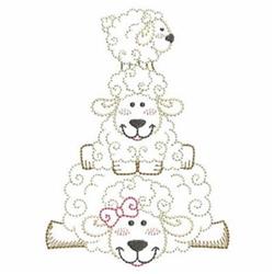 Three cute sheep stacked in a playful pyramid, featuring a pink bow and joyful expressions, in soft pastels.
