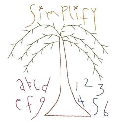 Whimsical willow tree with slender trunk and branches, 'Simplify' text above, earthy tones.