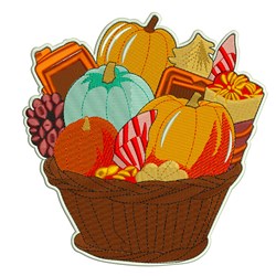 Beautiful autumn basket overflowing with vibrant pumpkins, grapes, and candy, showcasing a festive fall theme.