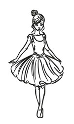 Line art ballet dancer in a classic tutu and hair bun, perfect for machine embroidery on performance items.