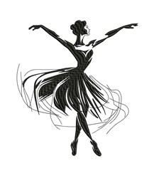 Ballet dancer in a graceful pose, showcasing flowing lines and intricate detailing in black silhouette on white.
