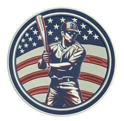 Baseball player poised to bat, detailed uniform and stance, against an American flag backdrop, patriotic theme.
