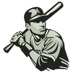 Baseball player poised with bat, wearing a uniform and cap, detailed monochromatic style, perfect for sports-themed items.