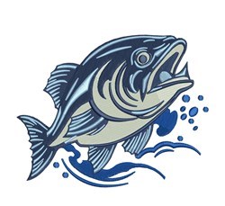 Realistic bass fish leaping from vibrant blue waves, surrounded by splashes and bubbles in dynamic motion.