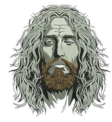Realistic portrait of a bearded man with long hair, featuring intricate facial details and serene expression.