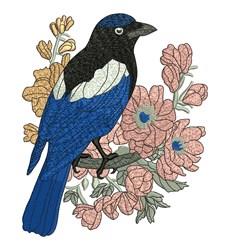Colorful blue jay perched on a branch, surrounded by detailed pink flowers and green leaves.