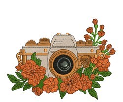 Camera In Flowers - 4x4 leaf detailed machine embroidery design for reusable tote bags