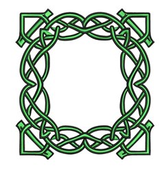 Celtic ornamental frame with interlaced green lines and symmetrical design, ideal for decorative embroidery.