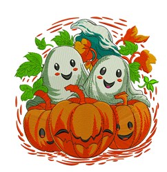Two cheerful ghosts with expressive faces amidst bright pumpkins and autumn leaves, in a playful Halloween design.