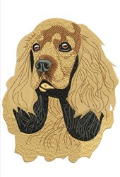 Cocker Spaniel portrait featuring golden fur and black paws, crafted with detailed embroidery textures.
