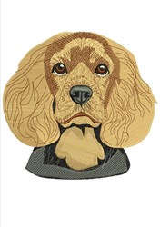Realistic cocker spaniel head with light golden fur, detailed texture, and gentle expression.