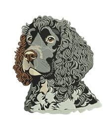 Realistic portrait of a Cocker Spaniel showcasing curly gray and brown fur, lifelike eyes, and intricate texture.