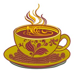 Colorful coffee cup with floral designs, rich brown coffee, and playful steam, set on a saucer with coffee beans.