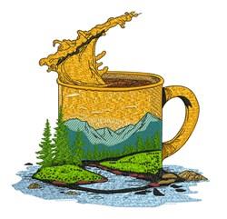 Coffee mug featuring a vibrant nature scene, with a coffee splash resembling a waterfall, lush mountains, and green trees.