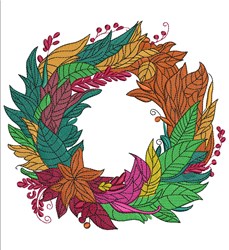 Colorful leaf wreath with vibrant green and orange leaves, red berries, intricate details, ideal for autumn.