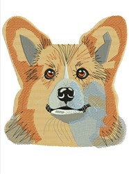 Applique Corgi dog face with large inquisitive eyes, warm orange and cream tones, and stylized fur details.