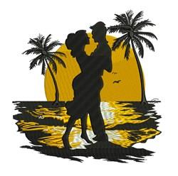 Silhouette of a couple embracing at sunset, with palm trees and water reflecting warm colors, perfect for a romantic theme.