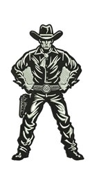 Bold cowboy standing confidently in a traditional hat, graphic western shirt, and gun belt.