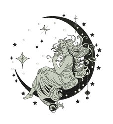 A whimsical woman resting on a crescent moon, surrounded by detailed stars and sparkles, in a dreamy style.