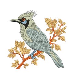 Illustrative bird with a crest in blue and grey, featuring black and red markings, perched on a branch with light leaves.