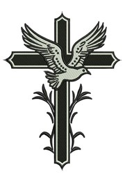 Cross with a dove in flight, adorned with floral accents, traditional style for religious occasions.