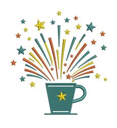 Teal cup with vibrant bursts of stars and colorful lines, creating a playful and festive celebration theme.