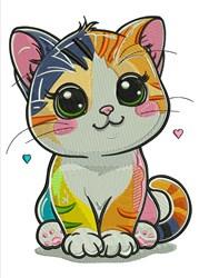 Cute cartoon cat with multicolored fur, big eyes, and a playful smile, perfect for vibrant home decor.