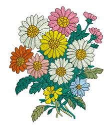 Colorful daisy bouquet with yellow, pink, and white flowers, accented by lush green leaves. Perfect for spring.