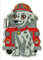 Cartoon Dalmatian dog with a firefighter hat, seated by a vibrant red fire truck. Playful design perfect for kids.